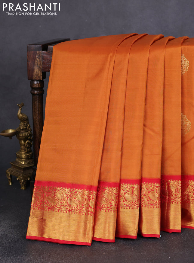 Pure kanchipuram silk saree dark mustard and red with zari woven buttas and annam zari woven korvai border