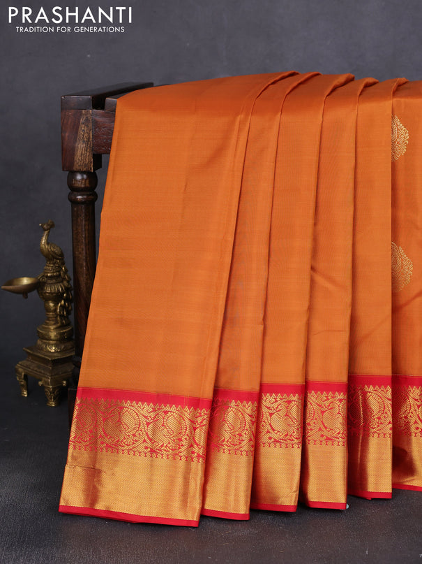 Pure kanchipuram silk saree dark mustard and red with zari woven buttas and annam zari woven korvai border