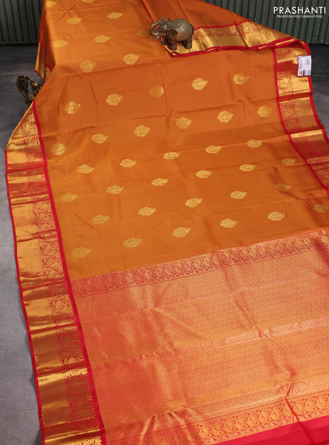 Pure kanchipuram silk saree dark mustard and red with zari woven buttas and annam zari woven korvai border
