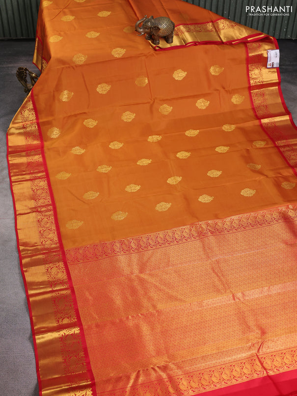 Pure kanchipuram silk saree dark mustard and red with zari woven buttas and annam zari woven korvai border