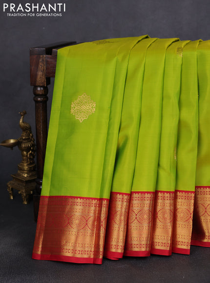 Pure kanchipuram silk saree light green and red with zari woven buttas and rich zari woven korvai border