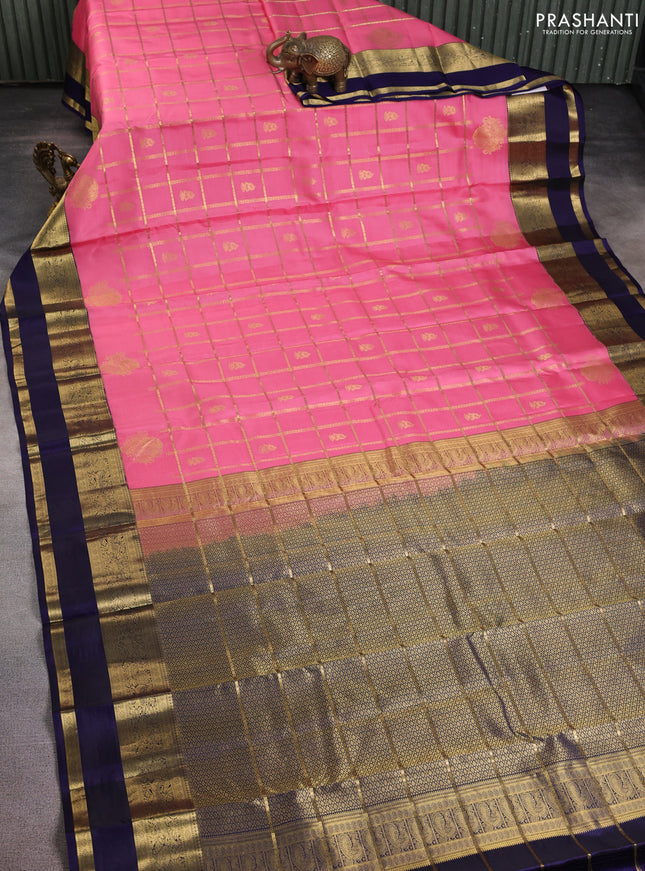 Pure kanchipuram silk saree peach pink and navy blue with allover zari checks & buttas and rettapet zari woven border