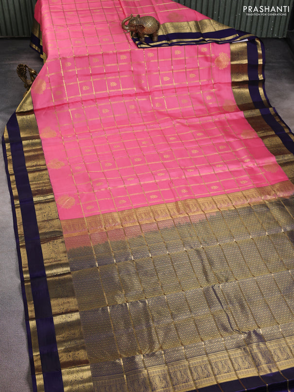 Pure kanchipuram silk saree peach pink and navy blue with allover zari checks & buttas and rettapet zari woven border