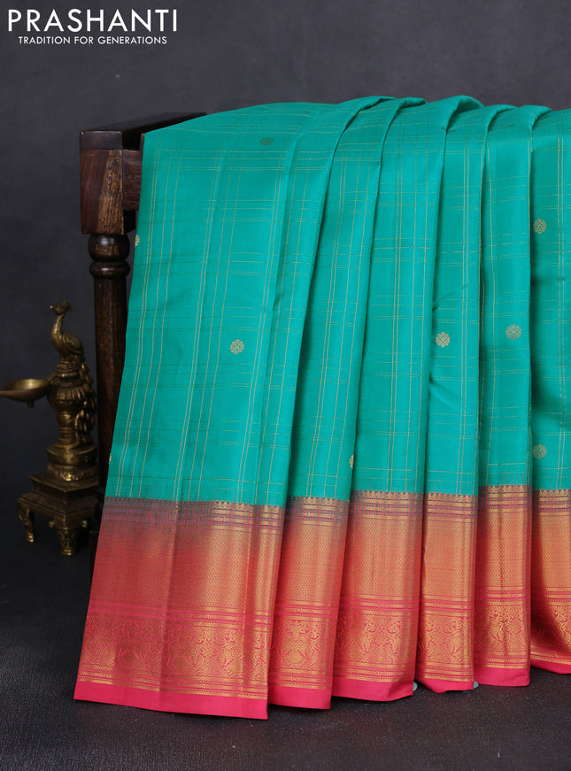 Pure kanchipuram silk saree teal green and pink with allover zari checks & buttas and rich zari woven border