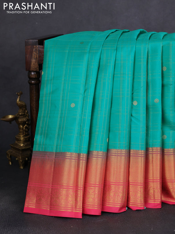 Pure kanchipuram silk saree teal green and pink with allover zari checks & buttas and rich zari woven border
