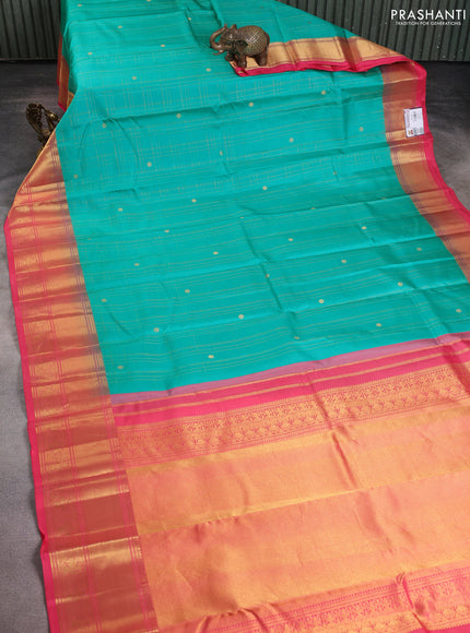 Pure kanchipuram silk saree teal green and pink with allover zari checks & buttas and rich zari woven border