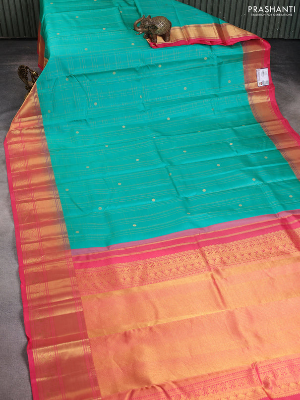 Pure kanchipuram silk saree teal green and pink with allover zari checks & buttas and rich zari woven border