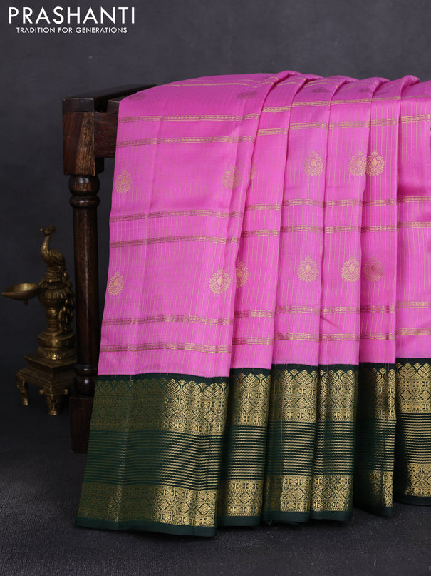 Pure kanchipuram silk saree rosy pink and bottle green with allover zari weaves & buttas and zari woven korvai border