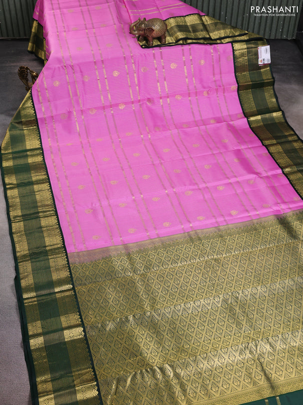 Pure kanchipuram silk saree rosy pink and bottle green with allover zari weaves & buttas and zari woven korvai border