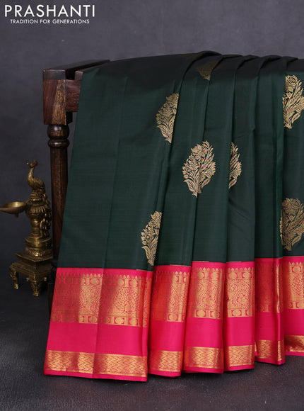 Pure kanchipuram silk saree bottle green and pink with floral zari woven buttas and rettapet zari woven border