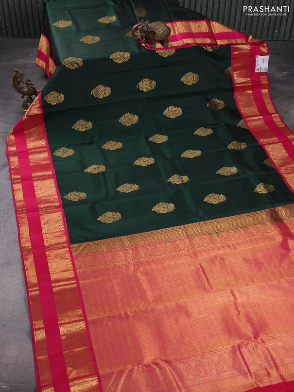 Pure kanchipuram silk saree bottle green and pink with floral zari woven buttas and rettapet zari woven border