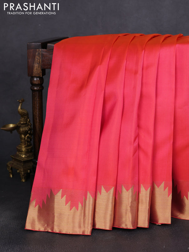 Pure kanchipuram silk saree dual shade of pink with plain body and temple zari woven border