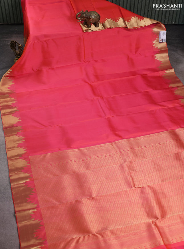 Pure kanchipuram silk saree dual shade of pink with plain body and temple zari woven border