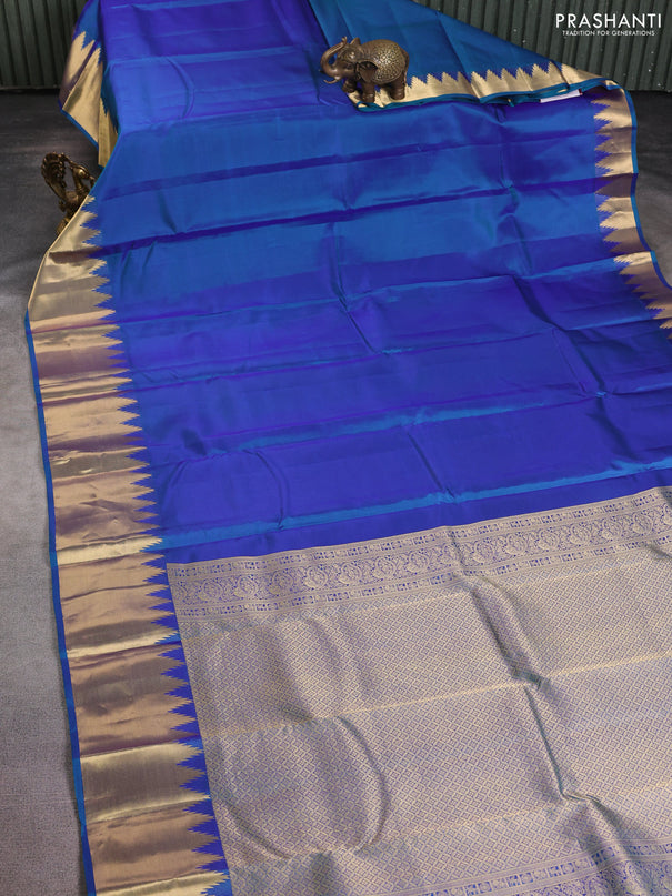 Pure kanchipuram silk saree teal blue with plain body and temple zari woven border