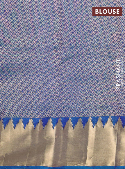 Pure kanchipuram silk saree teal blue with plain body and temple zari woven border