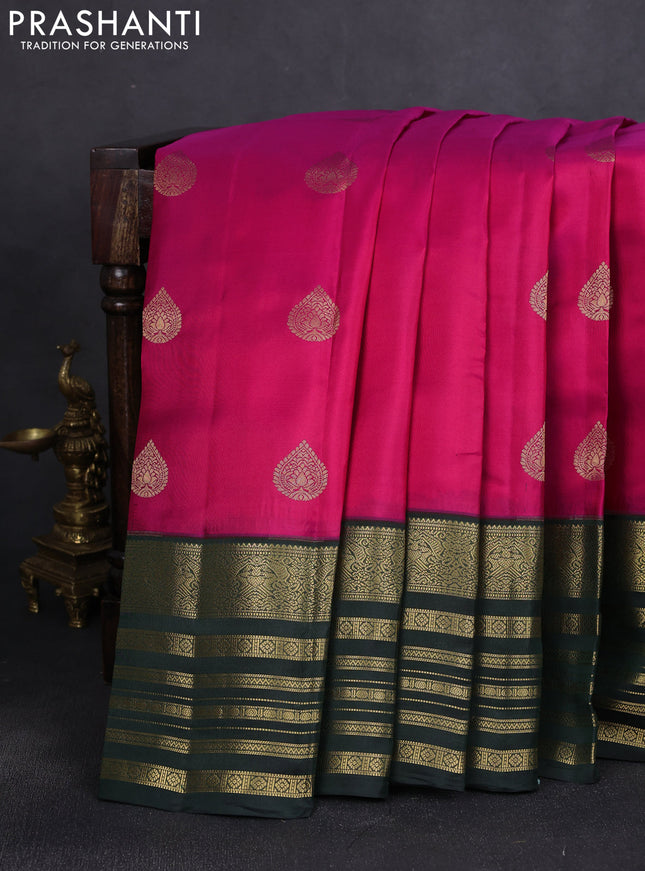 Pure kanchipuram silk saree pink and bottle green with zari woven buttas and long zari woven border