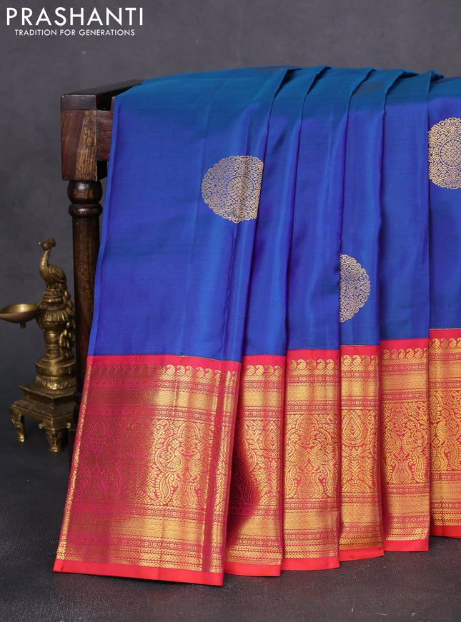 Pure kanchipuram silk saree peacock blue and red with rudraksha zari woven buttas and long zari woven korvai border