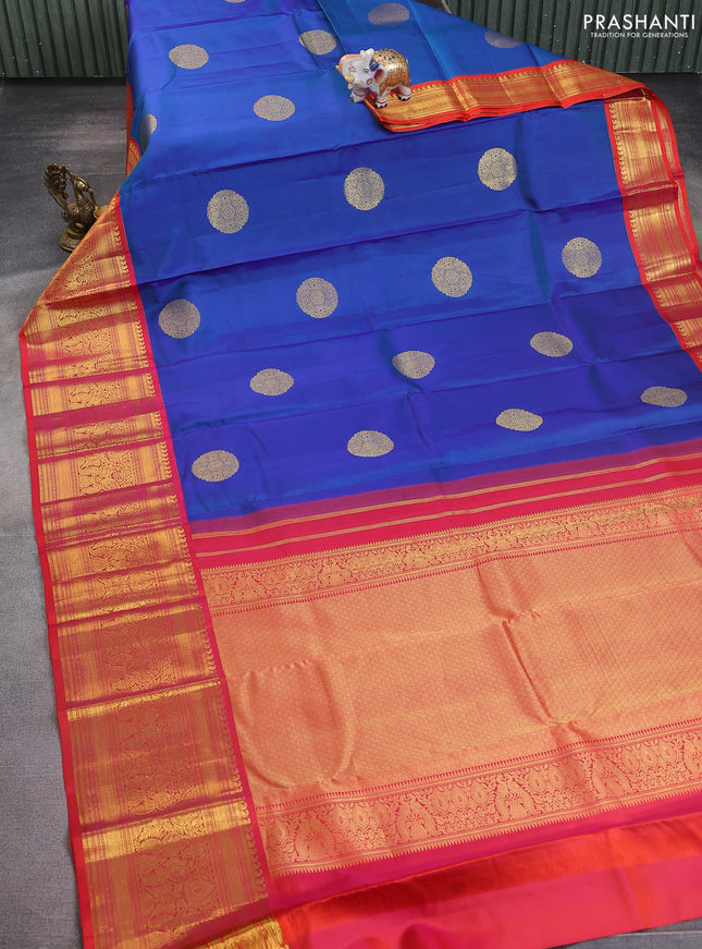 Pure kanchipuram silk saree peacock blue and red with rudraksha zari woven buttas and long zari woven korvai border
