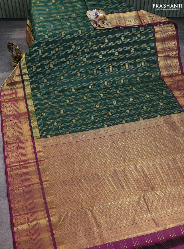 Pure kanchipuram silk saree bottle green and wine shade with allover zari checks & buttas and rich zari woven annam border