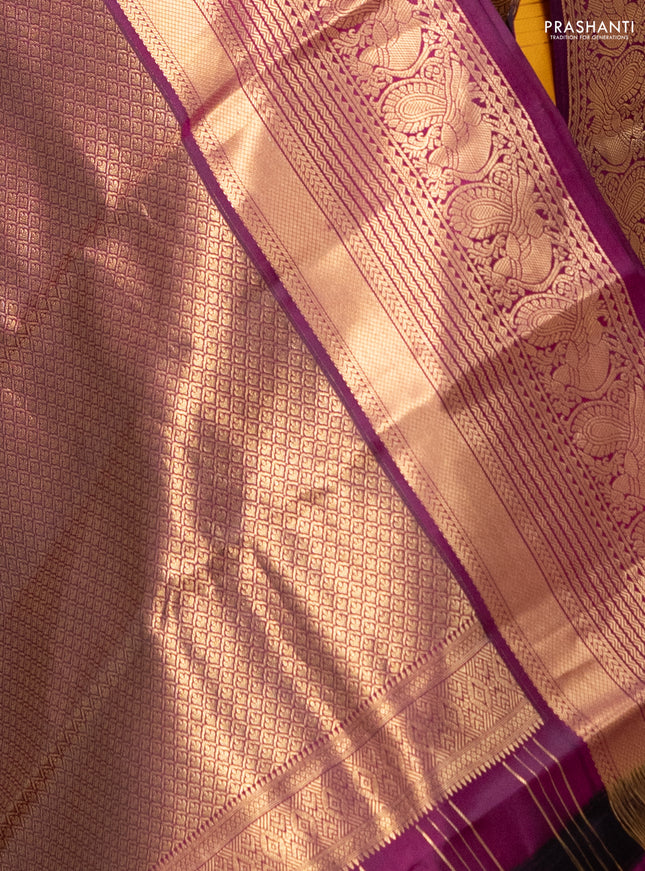 Pure kanchipuram silk saree yellow and wine shade with allover zari checks & buttas and rich zari woven annam border