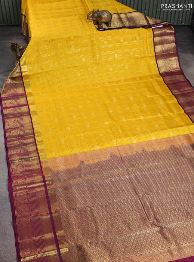 Pure kanchipuram silk saree yellow and wine shade with allover zari checks & buttas and rich zari woven annam border