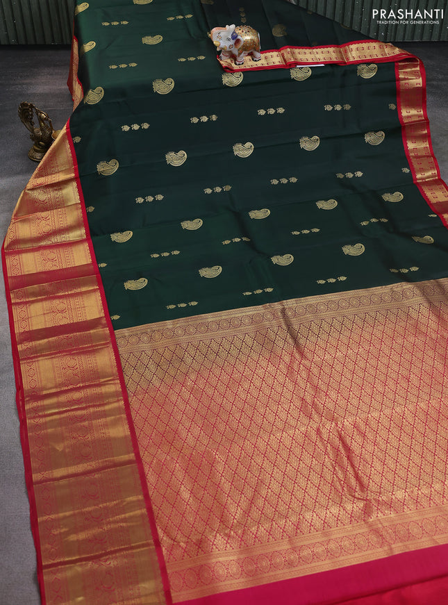 Pure kanchipuram silk saree bottle green and red with paisley zari woven buttas and long zari woven korvai border