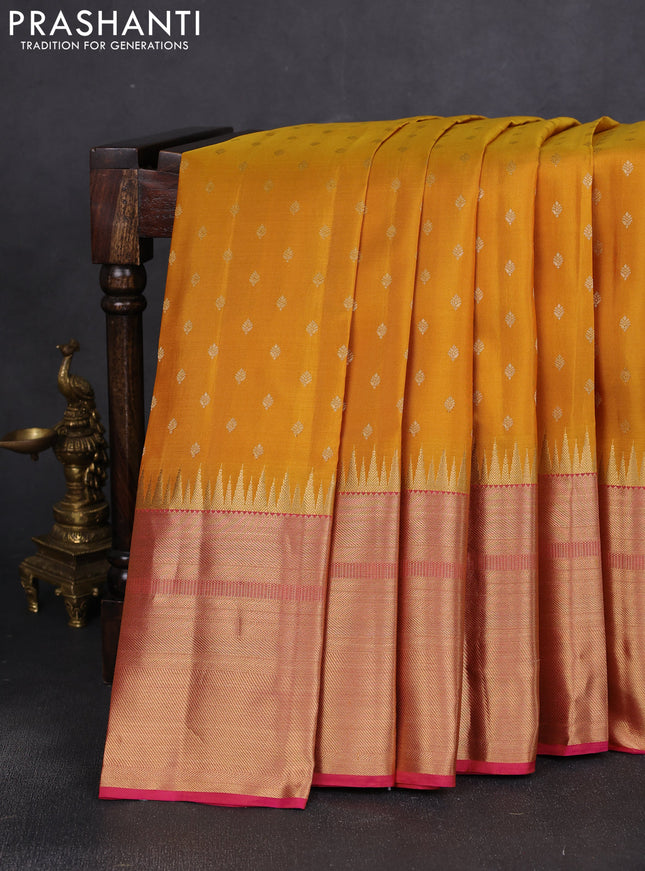 Pure kanchipuram silk saree mustard yellow and pink with allover zari woven buttas and long temple zari woven border