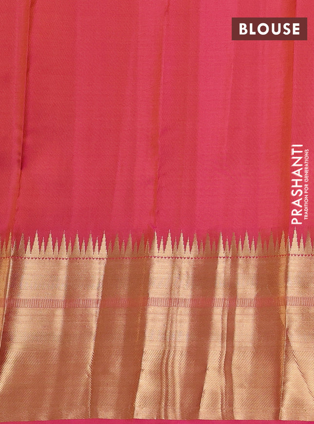 Pure kanchipuram silk saree mustard yellow and pink with allover zari woven buttas and long temple zari woven border
