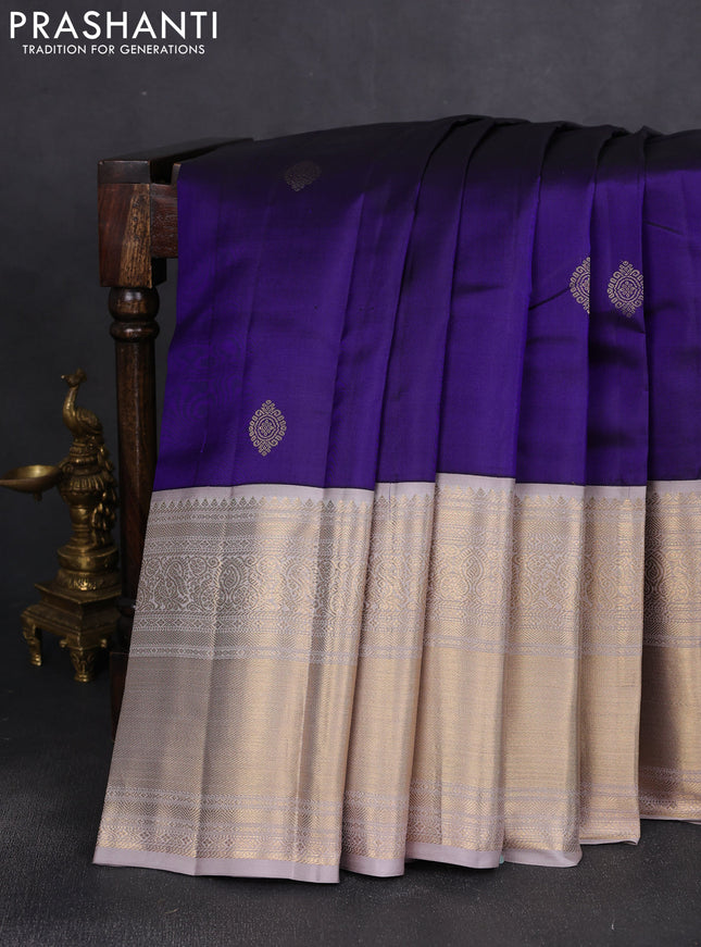 Pure kanchipuram silk saree blue and pastel grey with zari woven buttas and long rich zari woven korvai border
