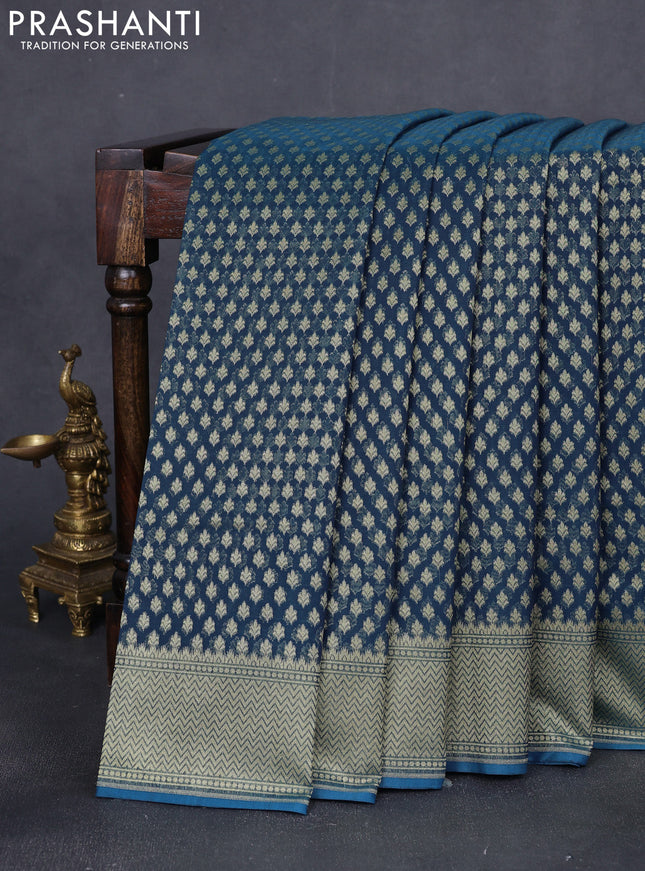 Banarasi silk cotton saree peacock blue with allover zari woven buttas and zari woven border