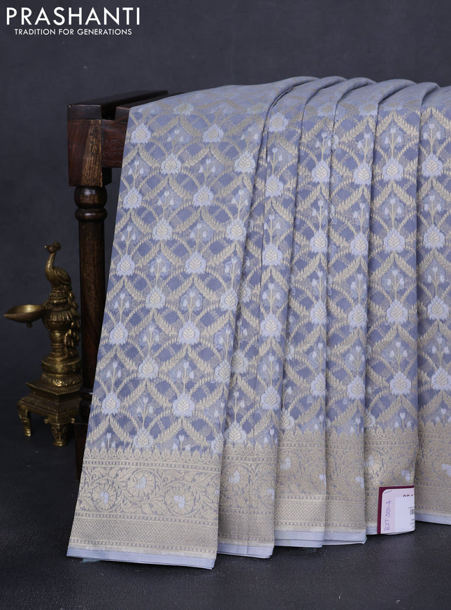 Banarasi silk cotton saree grey with allover zari weaves and zari woven border