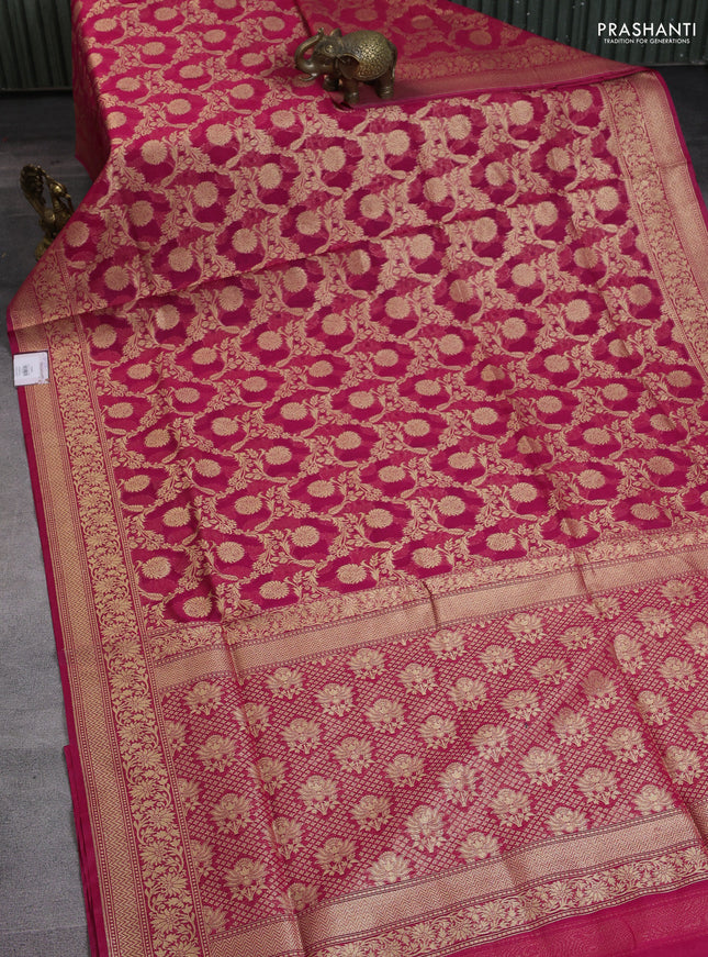 Banarasi silk cotton saree pink with allover zari weaves and zari woven border