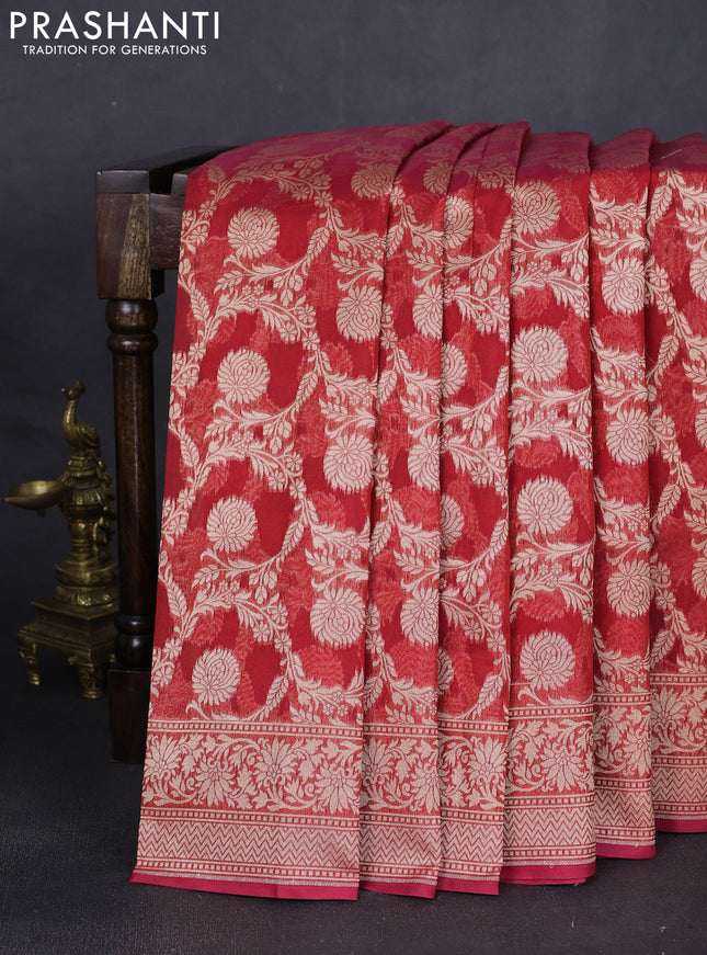 Banarasi silk cotton saree red with allover zari weaves and zari woven border