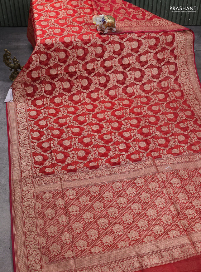 Banarasi silk cotton saree red with allover zari weaves and zari woven border