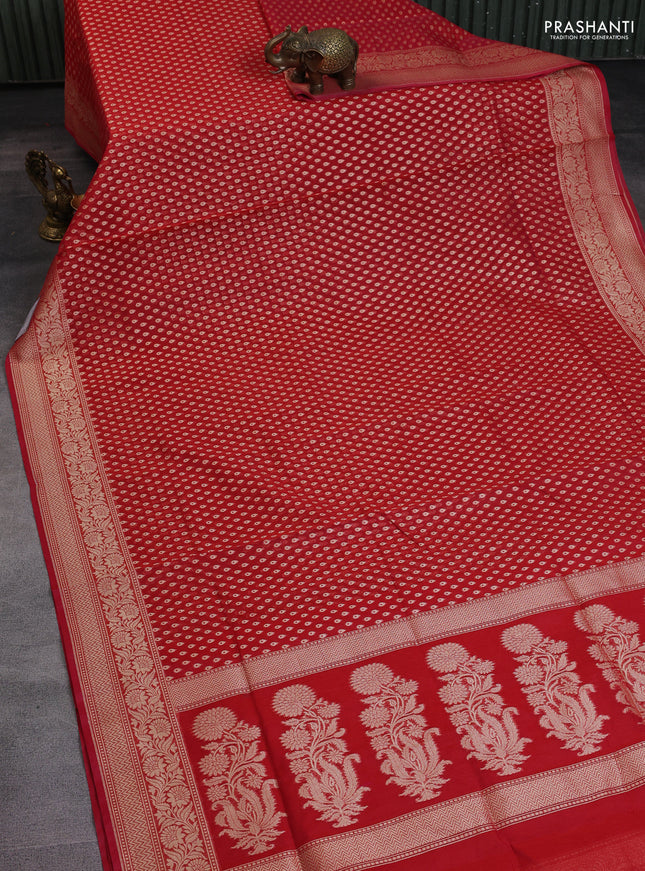 Banarasi silk cotton saree red with allover zari woven buttas and zari woven border