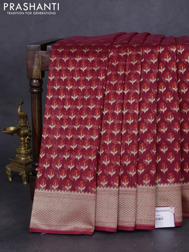 Banarasi silk cotton saree deep maroon with allover thread & zari woven buttas and zari woven border