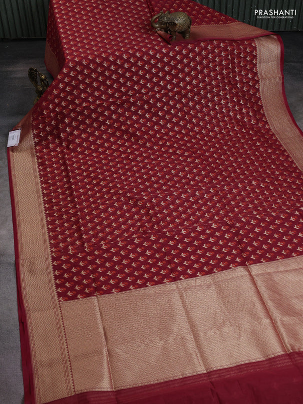Banarasi silk cotton saree deep maroon with allover thread & zari woven buttas and zari woven border