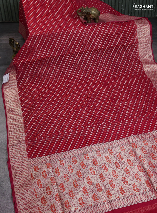 Banarasi silk cotton saree reddish pink with allover thread & zari woven buttas and thread & zari woven border