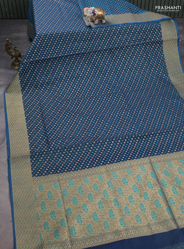 Banarasi silk cotton saree peacock blue with allover thread & zari woven buttas and thread & zari woven border