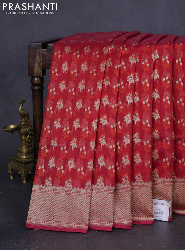 Banarasi silk cotton saree red with allover zari woven buttas and temple zari woven border
