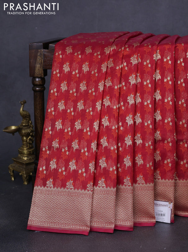 Banarasi silk cotton saree red with allover zari woven buttas and temple zari woven border