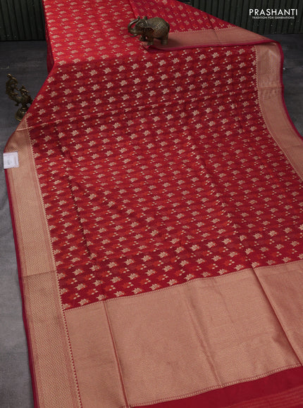 Banarasi silk cotton saree red with allover zari woven buttas and temple zari woven border