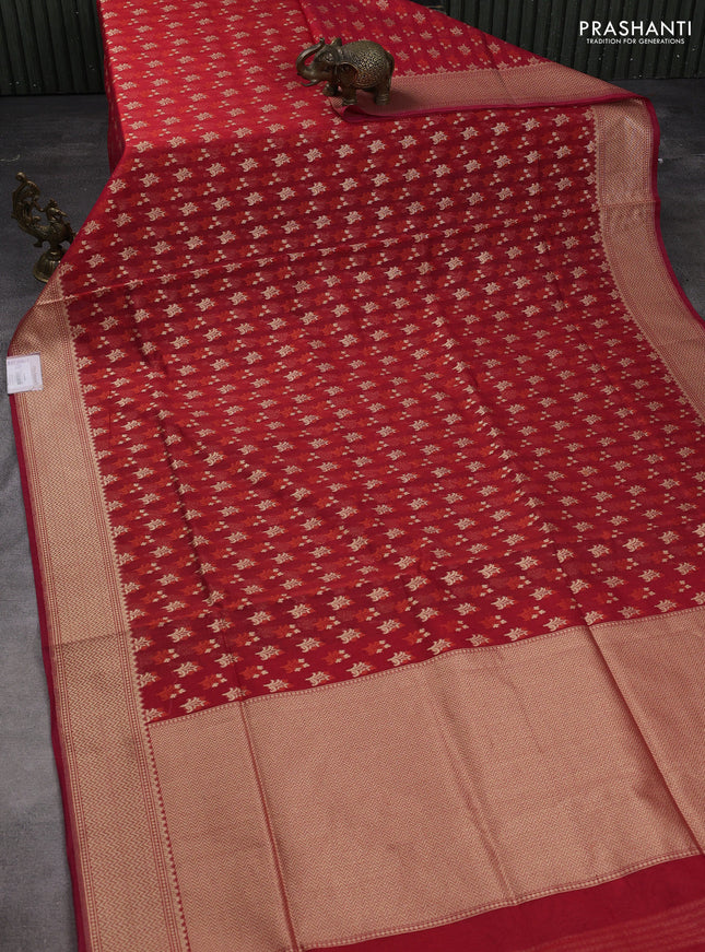 Banarasi silk cotton saree red with allover zari woven buttas and temple zari woven border