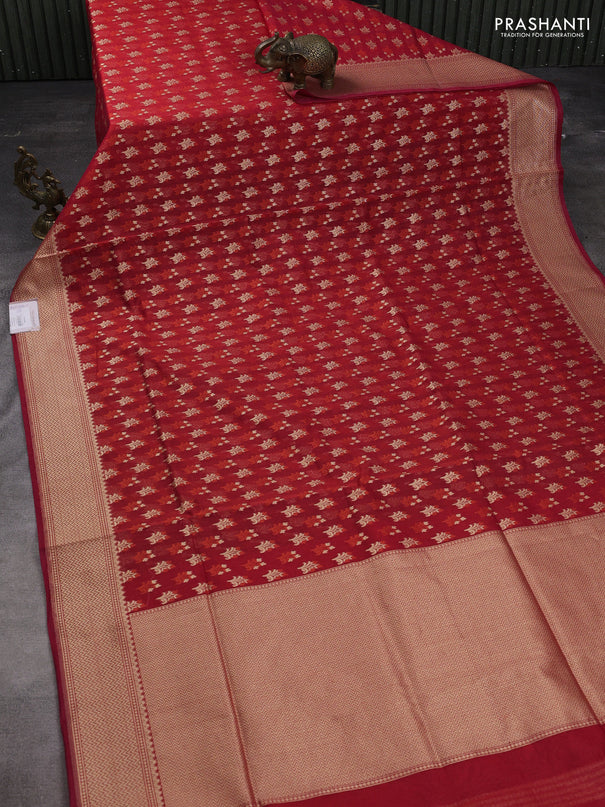 Banarasi silk cotton saree red with allover zari woven buttas and temple zari woven border
