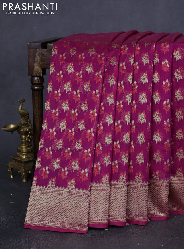 Banarasi silk cotton saree purple with allover zari woven buttas and temple zari woven border