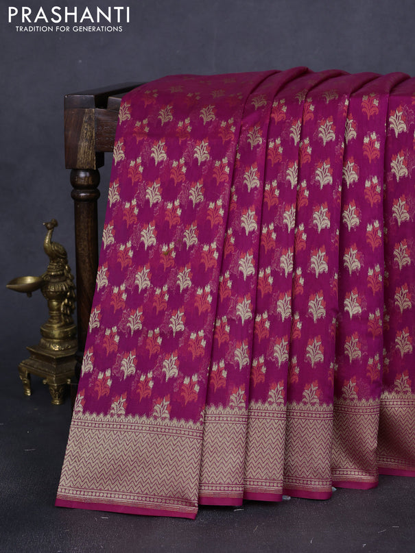 Banarasi silk cotton saree purple with allover zari woven buttas and temple zari woven border