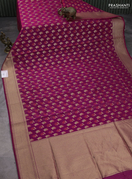Banarasi silk cotton saree purple with allover zari woven buttas and temple zari woven border