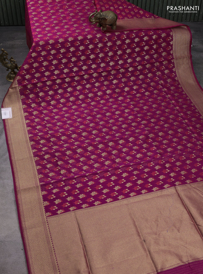 Banarasi silk cotton saree purple with allover zari woven buttas and temple zari woven border