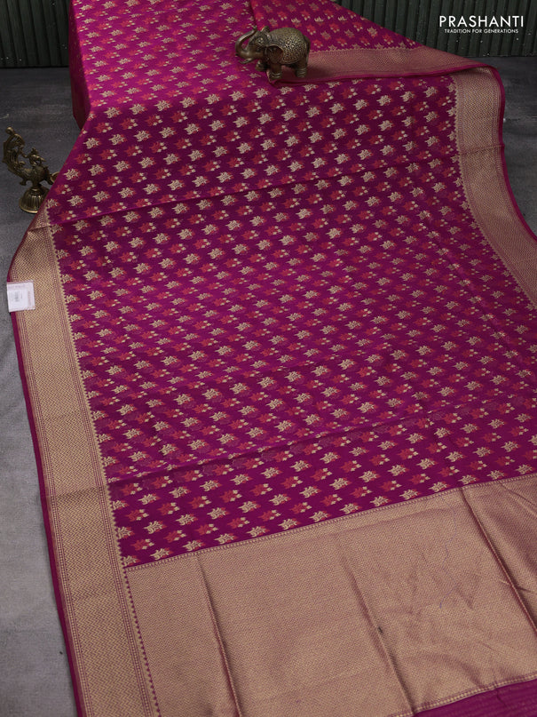 Banarasi silk cotton saree purple with allover zari woven buttas and temple zari woven border