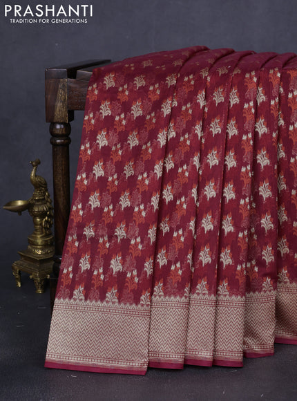 Banarasi silk cotton saree maroon with allover zari woven buttas and temple zari woven border